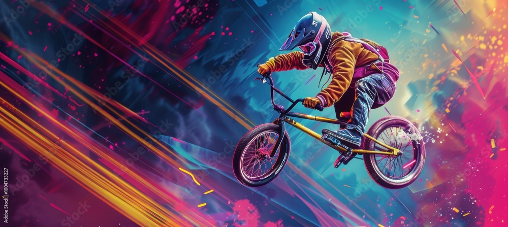 Naklejka premium 90s Extreme Sports Banner with BMX Bikes, Skateboards, and Rollerblades, Neon Streaks, and Grunge Textures