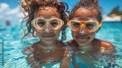 Kids in swimming goggles swim in the pool and pose for the camera