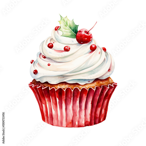 A delightful watercolor painting of a cherry cupcake, adorned with a cherries and a holly leaf, evoking a sense of sweet indulgence and festive cheer photo