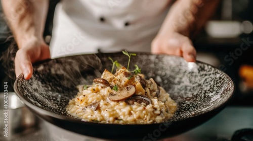 The chef prepares Risotto with mushrooms. Risotto with mushrooms is served in an elegant plate