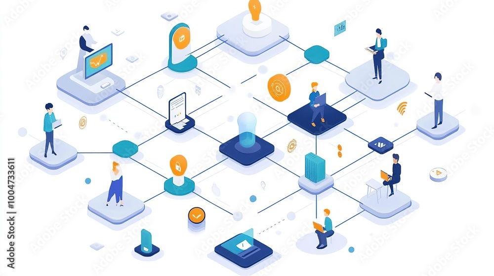 Illustration of a digital network connection showcasing people interacting with technology in a modern setting.