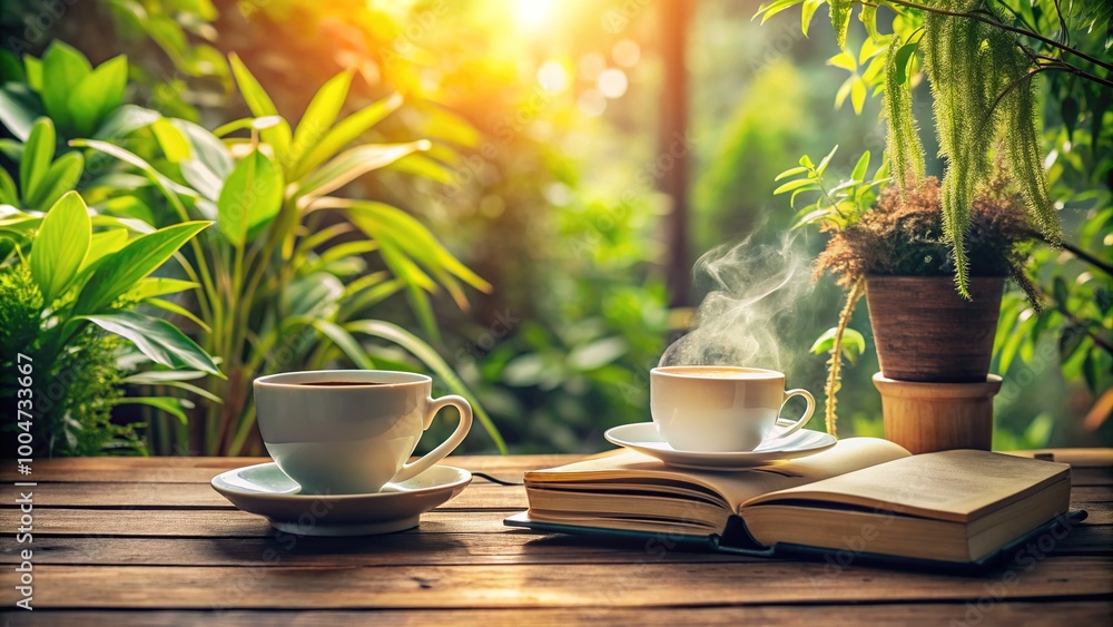 Serene atmosphere of a cozy morning with steaming coffee cup and book on a wooden table surrounded by lush green plants and soft sunlight. Serene atmosphere of a cozy morning with steaming coffee cup and book on a wooden table surrounded by lush green plants and soft sunlight.
