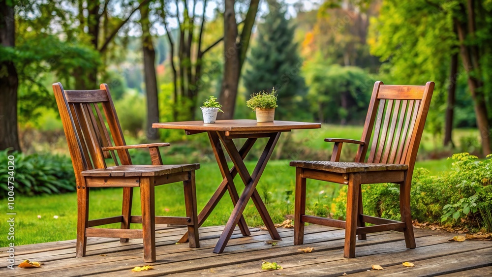 Two empty chairs and a rustic wooden table in a quiet outdoor setting, conveying a sense of anticipation for a conversation. Two empty chairs and a rustic wooden table in a quiet outdoor setting, conveying a sense of anticipation for a conversation.