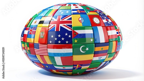 Colorful national flags of various countries wrapping around a large blue globe, symbolizing international unity and global connection on a white background. photo