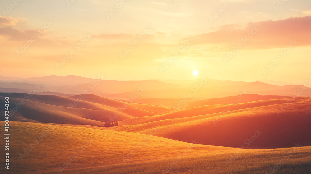 A dreamy landscape background with rolling hills and a sunset, ideal for serene designs. A dreamy landscape background with rolling hills and a sunset, ideal for serene designs.