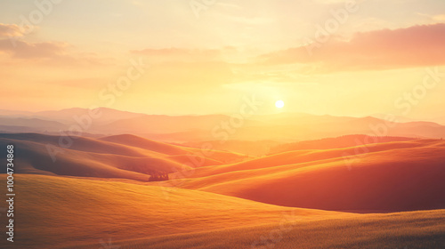 A dreamy landscape background with rolling hills and a sunset, ideal for serene designs.