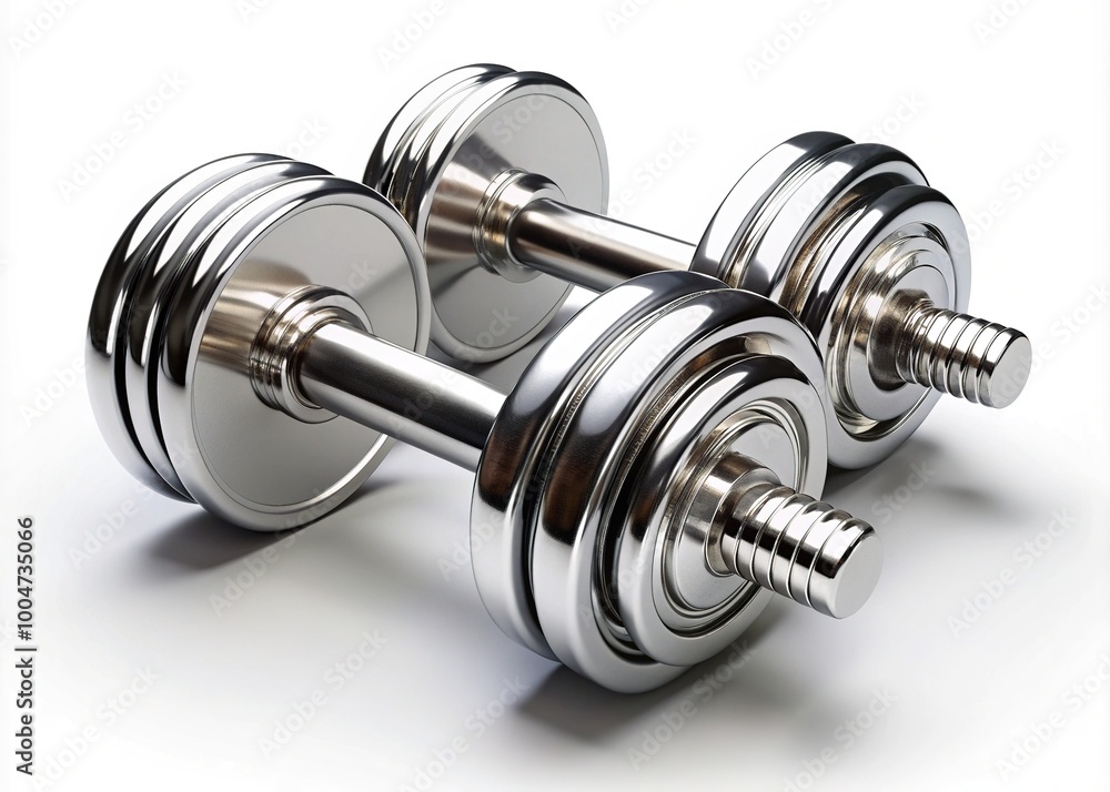 Fototapeta premium A pair of shiny chrome dumbbells isolated on a white background, with subtle shadows, highlighting their detailed texture and curves.
