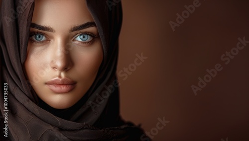 Portrait of a glowing beautiful muslim woman isolated against brown studio background. Young woman wearing a hijab. Middle eastern