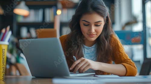 Focused Young Woman Working on Laptop in Cozy Cafe 