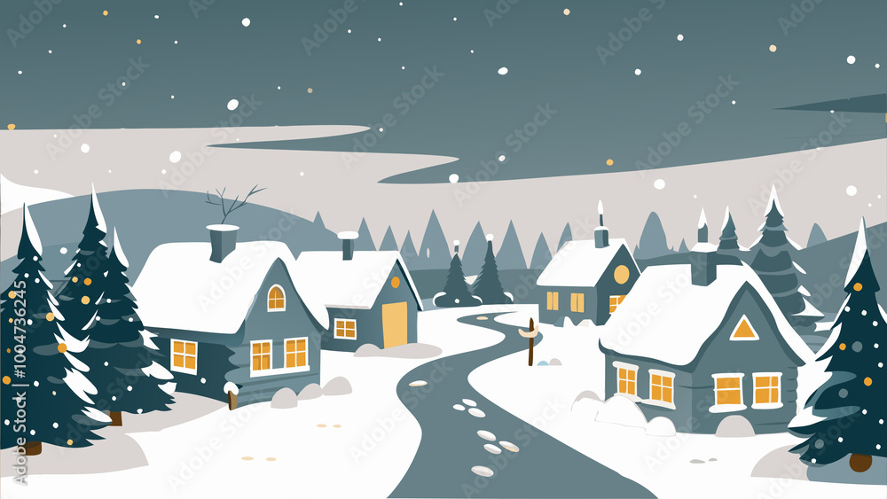 Fototapeta premium Charming winter village scene with snow-covered houses and pine trees