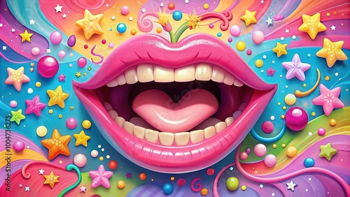 Wallpaper Mural Adorable pink cartoon mouth with rosy lips and sparkly teeth, surrounded by colorful kawaii stars, swirls, and confetti, conveying happiness and playfulness. Torontodigital.ca