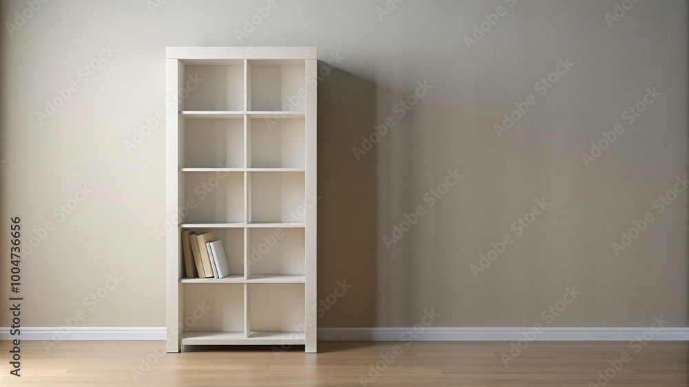Obraz premium Clean and minimalist white bookcase with empty shelves standing isolated on a neutral background, awaiting decoration or filling with favorite novels and personal treasures.