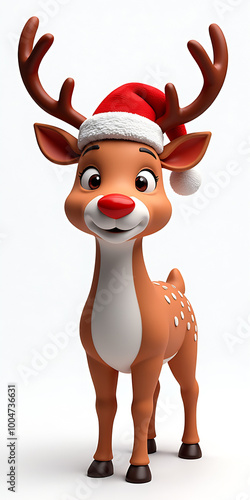 3D Illustration of reindeer with red nose and Santa hat against white backdrop