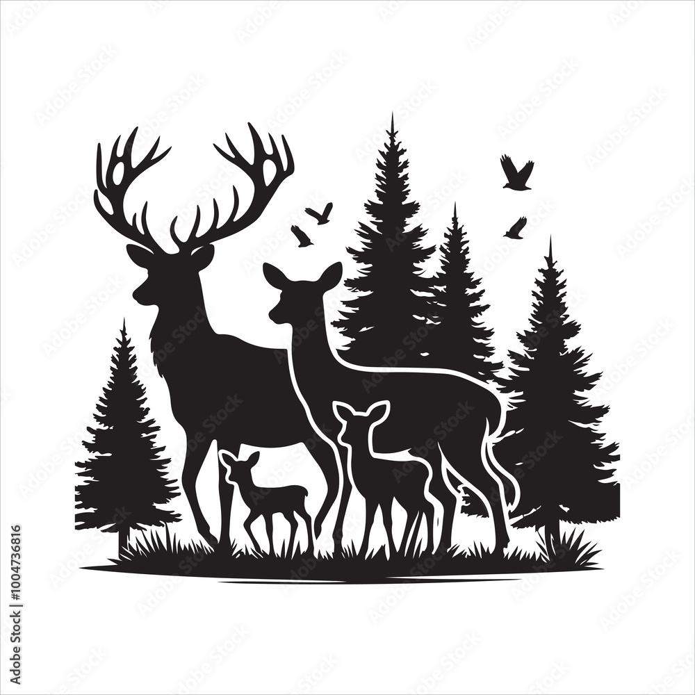 deer family with baby and forest fir trees wildlife silhouette on white background
deer family with baby and forest fir trees wildlife silhouette on white background