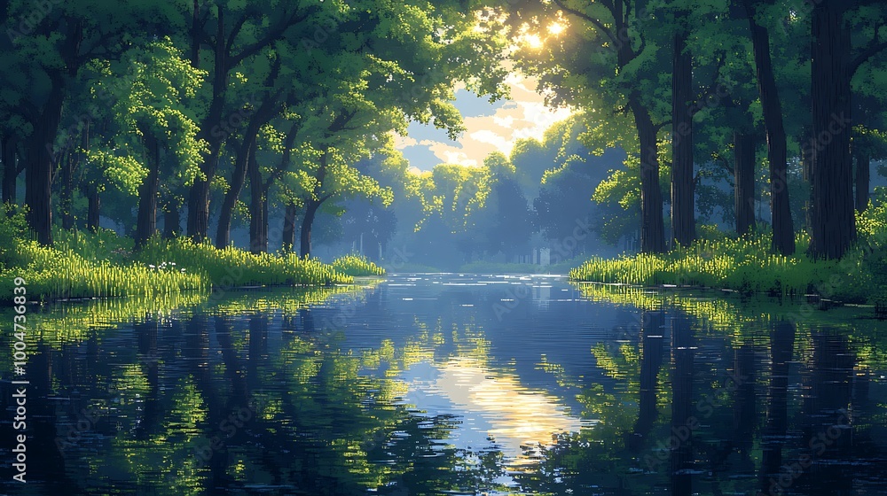 Sunbeams through trees reflecting in a calm river in a lush green forest Sunbeams through trees reflecting in a calm river in a lush green forest