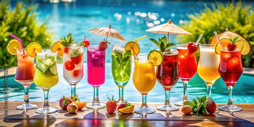 Colorful array of refreshing cocktails and tropical drinks garnished with umbrellas, fruit, and mint, arranged on a sun-kissed pool deck beside a sparkling blue pool. photo