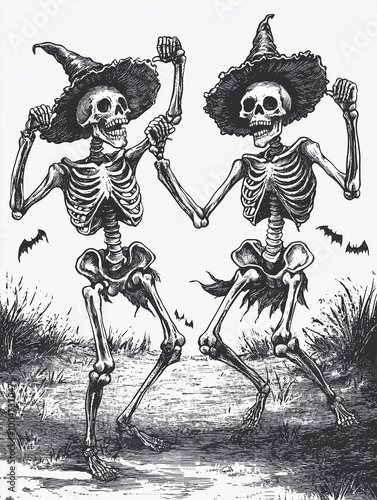 Dancing Skeletons at a Spooky Halloween Party. Halloween skeleton. Skeletons dancing at a Halloween party. Skeletons dance