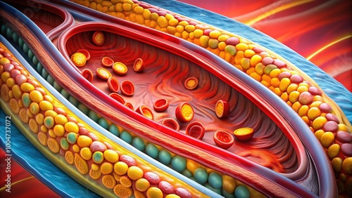 Colorful illustration of atherosclerosis, showing a fatty plaque buildup in a narrowed artery, restricting blood flow, and increasing risk of heart disease and stroke.