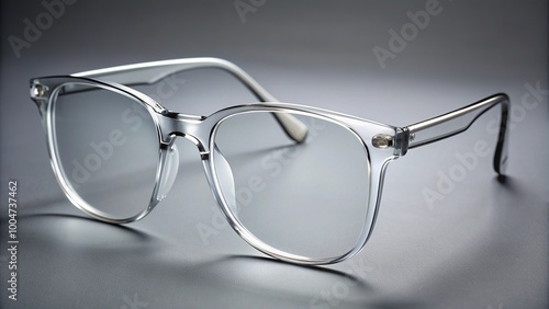 Crisp, transparent eyeglass lens resting on a subtle gray background, showcasing clarity and precision with delicate curves and sleek frame details."..Let me know if you'd like me to make any changes!