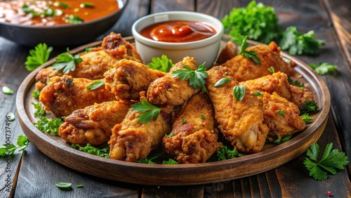 Crispy fried chicken wings stacked on a platter, garnished with fresh parsley and served with a side of tangy dipping sauce.