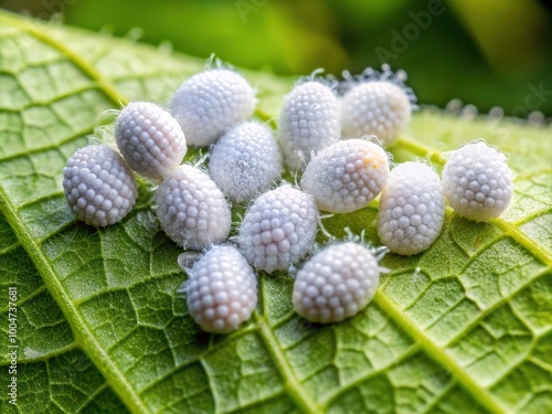 Delicate soft scale insects, also known as cottony cushion scales, cling to a lush green leaf, their white, cotton-like bodies glistening in the sunlight. photo