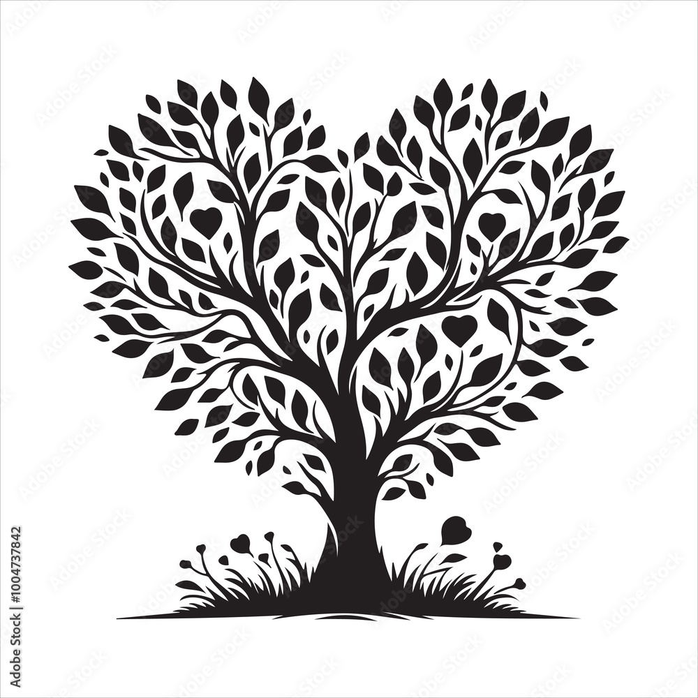 Obraz premium love tree with heart leaves silhouette on white background 