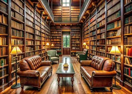 Densely packed bookshelves in a quiet library, with rows of leather-bound classics and modern novels, creating a warm and inviting atmosphere for reading. photo