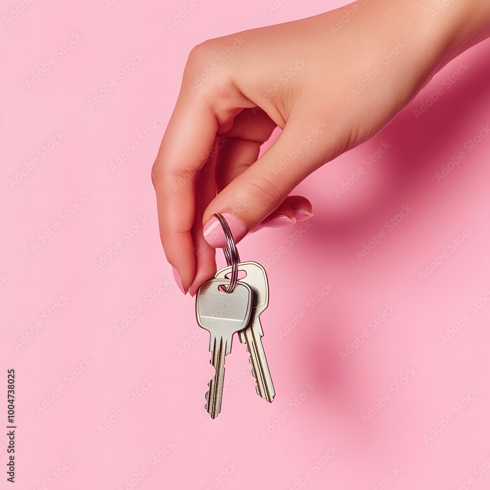 hand holding set of keys on pink background hand holding set of keys on pink background