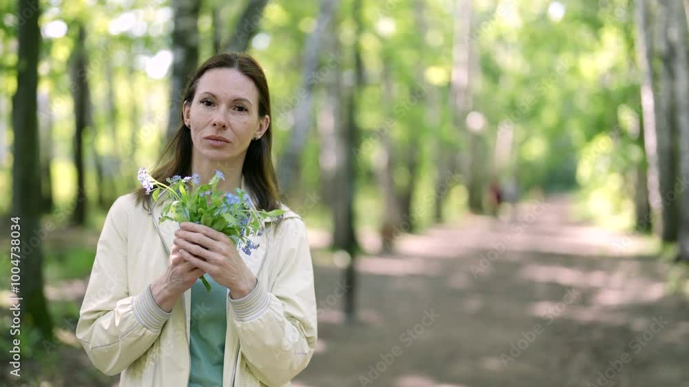 Against the background of a green forest, a woman thoughtfully holds a bouquet of flowers, her gaze is directed downward. Light light and the play of shadows create a feeling of harmony with nature. Against the background of a green forest, a woman thoughtfully holds a bouquet of flowers, her gaze is directed downward. Light light and the play of shadows create a feeling of harmony with nature.