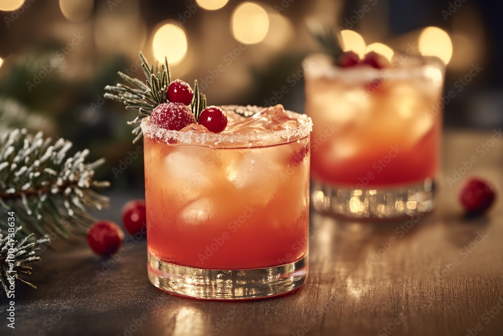 Two glasses of red drink with berries on top. The drink is served on a table with a pine tree branch and berries Two glasses of red drink with berries on top. The drink is served on a table with a pine tree branch and berries