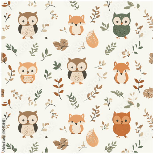Owl seamless pattern PNG isolated on transparent background – cute animals, cartoon birds, woodland design, textile fabric, kids decoration