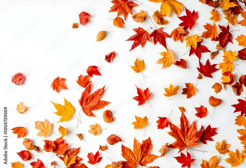 an artistic spread of autumn leaves scattered and falling onto a pure white surface, capturing the essence of fall create with ai an artistic spread of autumn leaves scattered and falling onto a pure white surface, capturing the essence of fall create with ai
