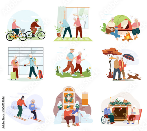 Vector collection elderly couples Set of seniors men and women spend time together at different season relaxing in tent in nature, walking dog, skiing. Old man in a wheelchair reads book with his wife