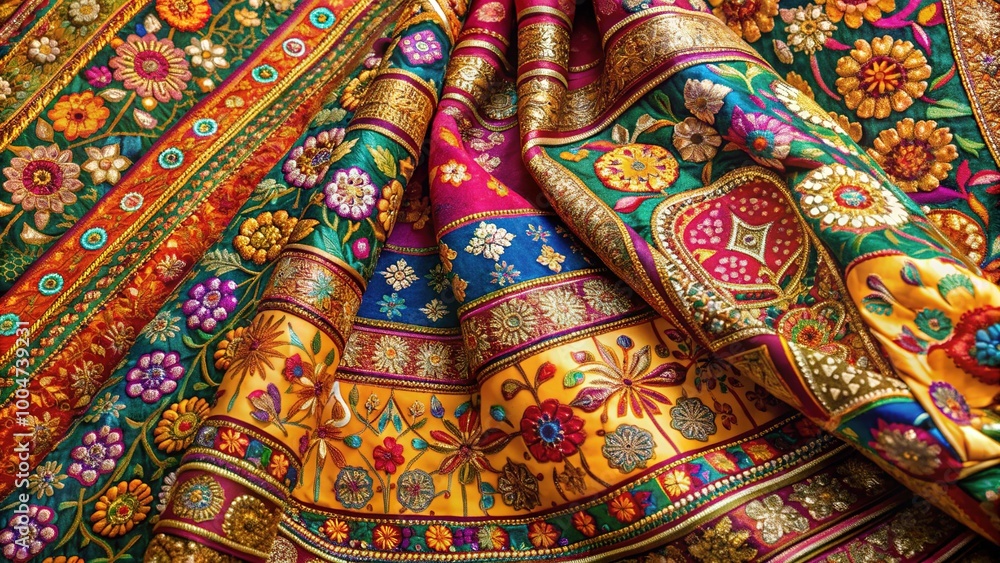 Intricately designed traditional Indian saree featuring vibrant colors and ornate patterns of floral motifs, geometric shapes, and abstract designs on a rich silk fabric. Intricately designed traditional Indian saree featuring vibrant colors and ornate patterns of floral motifs, geometric shapes, and abstract designs on a rich silk fabric.