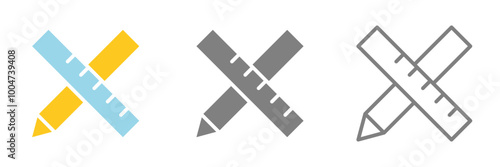 Crossed ruler and pencil isolated illustration set as shaped colored and outlined. Vector icons in flat style