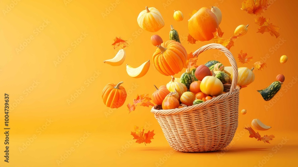A wooden rattan basket spills vibrant pumpkins and autumn vegetables against a rich orange background. A wooden rattan basket spills vibrant pumpkins and autumn vegetables against a rich orange background.