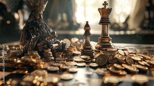 The stark contrast between wealth and poverty perpetuates power imbalances, symbolized by a chess pawn with a paltry sum facing a king adorned with an abundance of coins. 