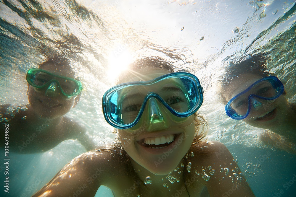 Naklejka premium Smiling underwater swimmer in snorkel mask