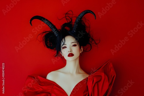 dramatic asian woman in red outfit with horns photo