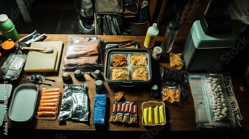 Tucked away on a dark wooden kitchen table lies a lifeline for uncertain times: an emergency survival food set, its contents poised to sustain in the face of adversity. Within photo