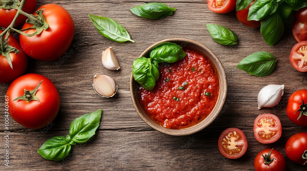 A rustic wooden table with a bowl of tomato basil sauce surrounded by fresh tomatoes, garlic, and basil leaves A rustic wooden table with a bowl of tomato basil sauce surrounded by fresh tomatoes, garlic, and basil leaves