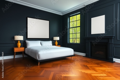 Wallpaper Mural A contemporary bedroom featuring dark-painted walls, a window showcasing greenery, minimalist furniture, hardwood floors, two side lamps, and empty picture frames. Torontodigital.ca