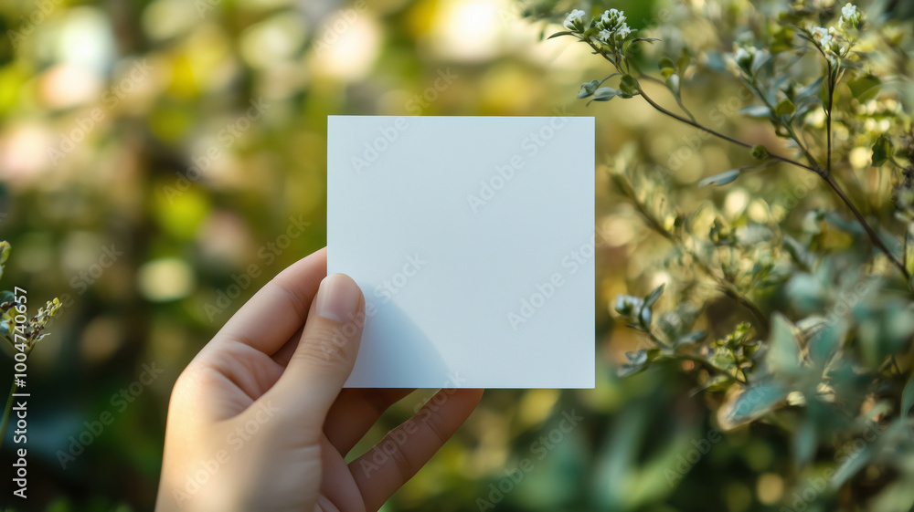 A white template card in a hand on an outdoor background A white template card in a hand on an outdoor background