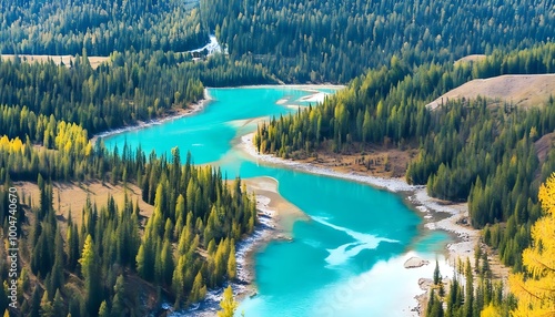 Autumn scenery of Xinjiang Kanas Shenxian Bay, a symphony of lakes and forests photo