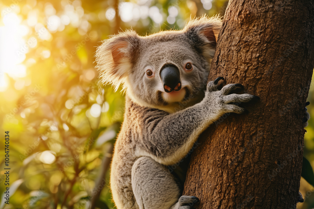 Fototapeta premium Close-up of a gray koala sitting on a tree