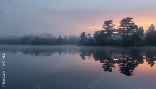 Morning Calm, A Fog-Covered Lake at Dawn with Soft Reflections and Serene Stillness