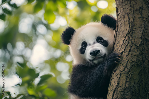 Close-up of a cute panda bear sitting on a tree