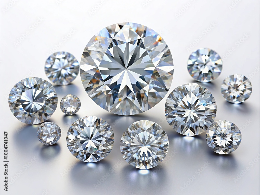 Fototapeta premium Sparkling round-cut diamonds, varying in size, are scattered against a crisp white background, showcasing their exceptional clarity, brilliance, and exquisite beauty in stark isolation.