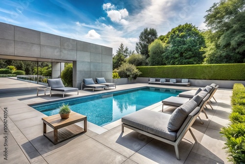 Sparkling blue swimming pool surrounded by sleek gray concrete floor and modern outdoor furniture  creating a serene and inviting summer atmosphere.