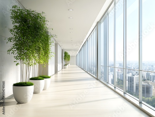  A long, modern corridor in an office building featuring sleek design elements, potted green plants, recessed lighting, and large glass windows bringing in natural light